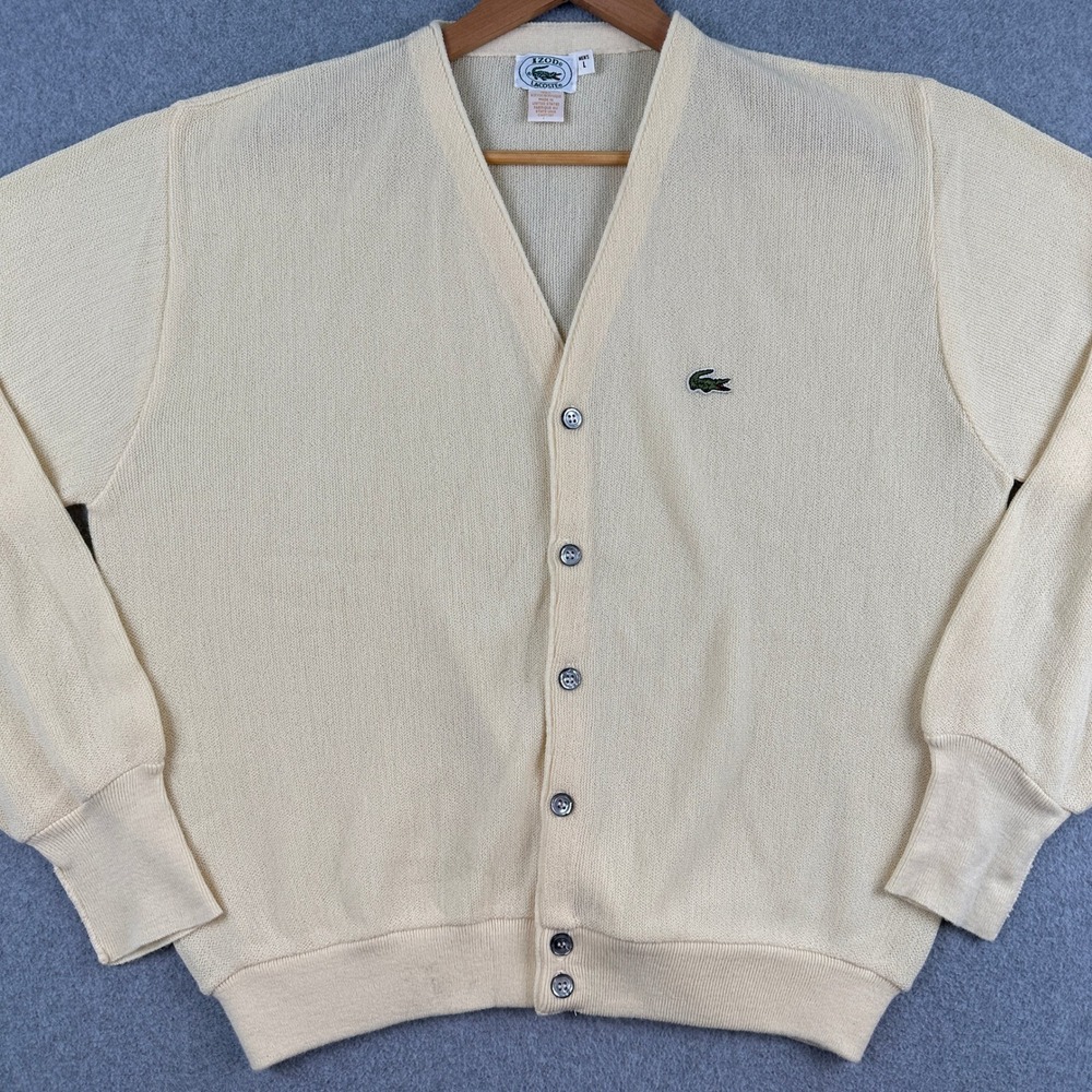Izod Lacoste Cardigan Mens L Cream Vintage Acrylic V-Neck Sweater Logo USA‎ Made